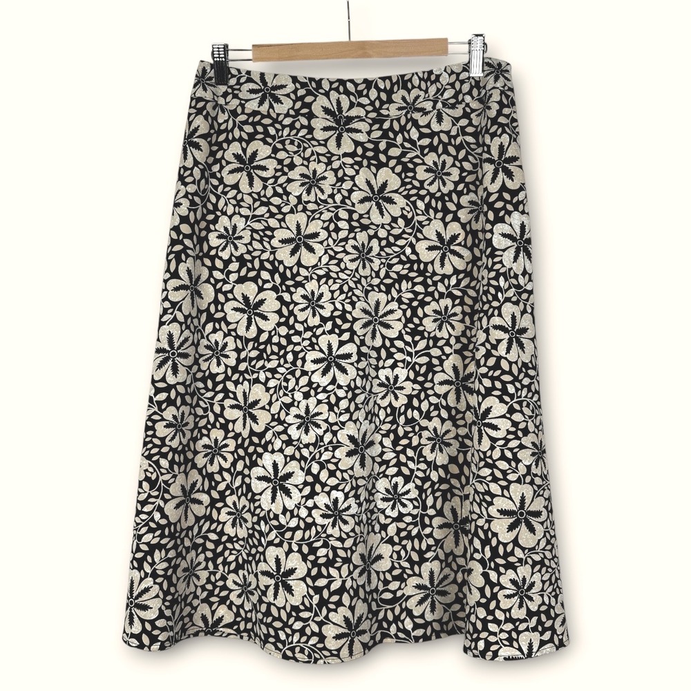 Sag Harbor Black Cream Floral A-Line Midi Skirt Size 10 T43282KN